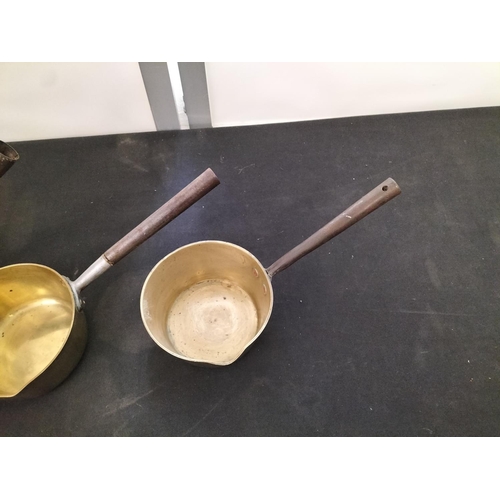 7 - Vintage Brass Saucepans (3). Largest having 19cm Diameter.