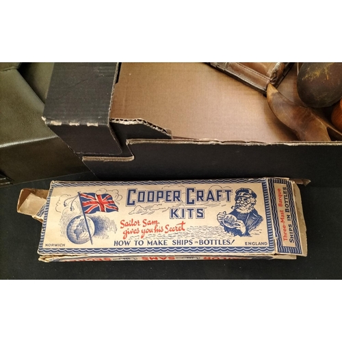 729 - Box of Vintage Collectables including Tins, Sailor Sam's Ship in a Bottle, Faberge Carry Box, etc.