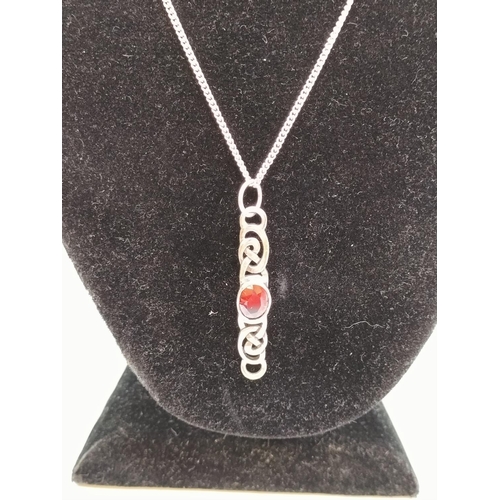 25A - 925 Silver Chain with Celtic Design and Red Stone Pendant.