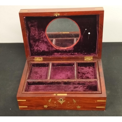 201 - Late Victorian early Edwardian Wooden Jewellery Box with Brass Inlay. 12.5cm High, 21cm x 30cm.