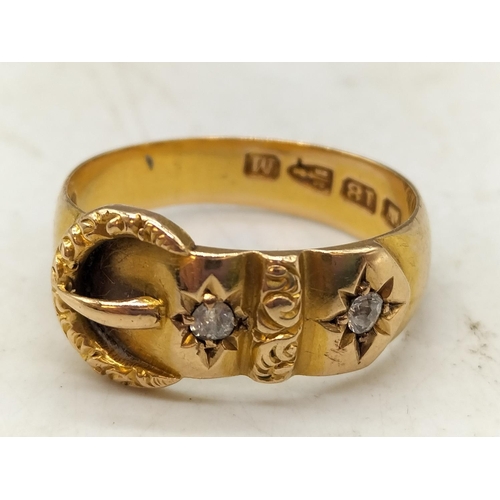 105 - 18ct Gold Buckle Ring with Diamonds. Size L. 3.8 Grams.