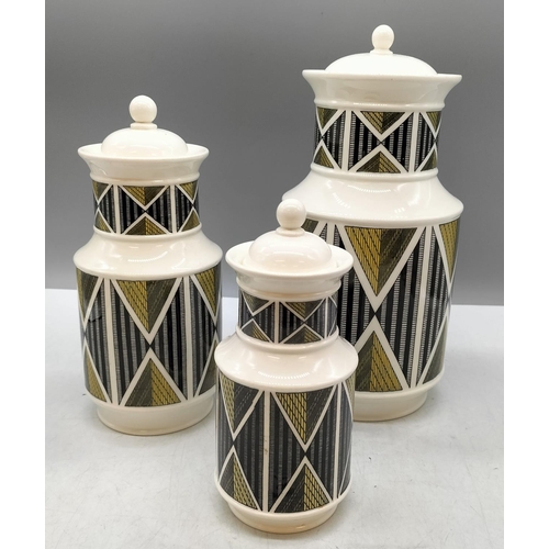 106 - Rare 1960s Wedgwood Robert Minkin 'Design 63' Graduated Lidded Canisters with Geometric Decoration. ... 