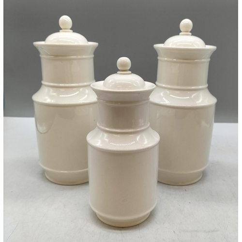 107 - Wedgwood Plain Lidded Canisters (3). Tallest being 21cm to Top of Finial.