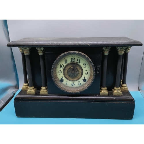 123 - Wooden Columned Mantle Clock. 28cm High, 42cm x 15cm. Requires Service. Not Working.