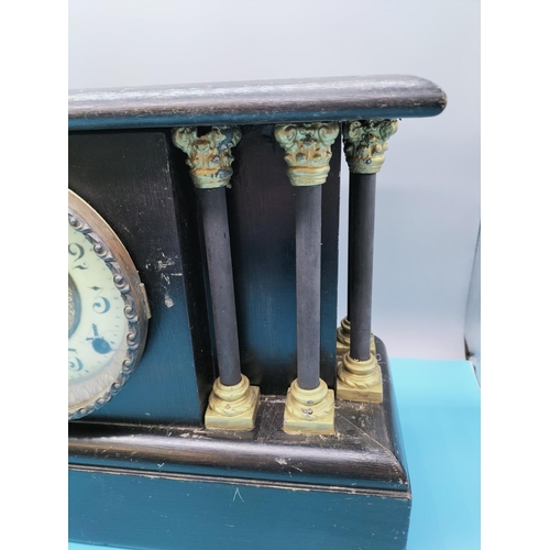 123 - Wooden Columned Mantle Clock. 28cm High, 42cm x 15cm. Requires Service. Not Working.