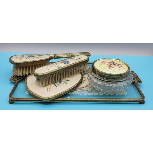 134 - Vintage Lace & Tapestry 5 Piece Dressing Table Set. Tray measures 35cm x 19cm.