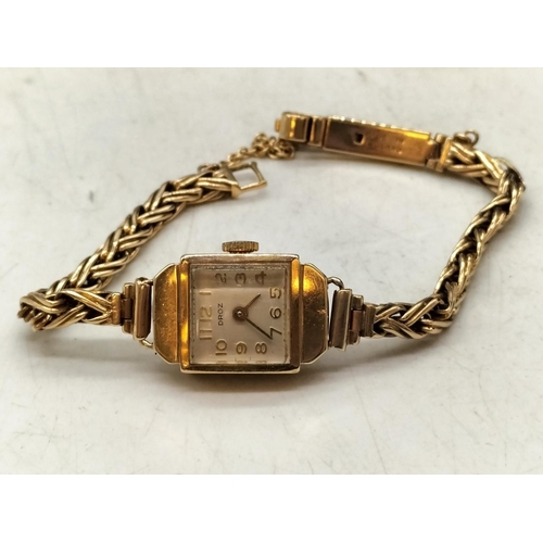 144 - Ladies Droz Watch with 9ct Strap and Case. Weighs 13 Gram without Movement but including Glass.