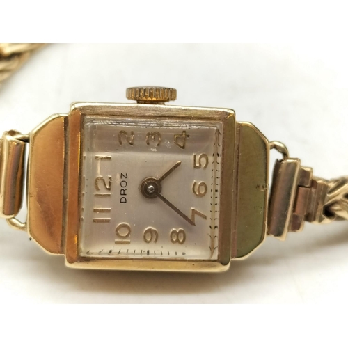 144 - Ladies Droz Watch with 9ct Strap and Case. Weighs 13 Gram without Movement but including Glass.