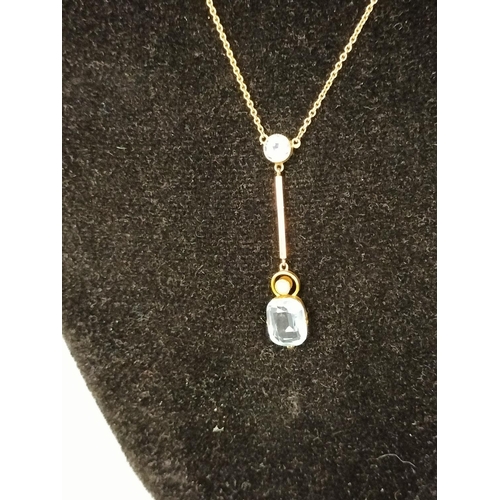 206 - 9ct Gold Chain Necklace with Aquamarine and Pearl Pendant. Clasp Replaced, not Gold.