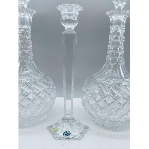 32 - Pair of 33cm Glass Decanters plus 25cm Crystal Candlestick.