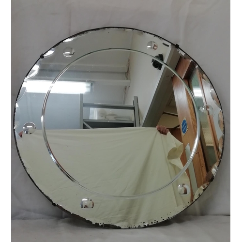 351 - 1950s Large Wooden Backed Circular Mirror (50cm Diameter) with original Chain.