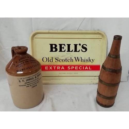 355 - Vintage Bells Whisky Metal Tray (42cm x 32cm) S.F.Jones Manchester 1954 Earthenware Flagon plus Wood... 