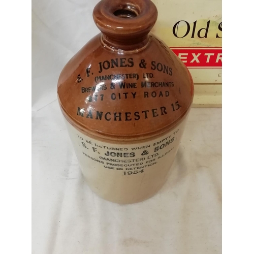 355 - Vintage Bells Whisky Metal Tray (42cm x 32cm) S.F.Jones Manchester 1954 Earthenware Flagon plus Wood... 