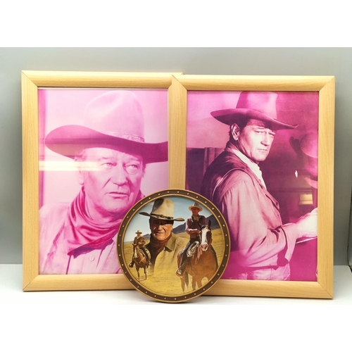 385 - 2 x John Wayne Pictures (34cm x 25cm ) plus Bradex 17cm Round Plaque.