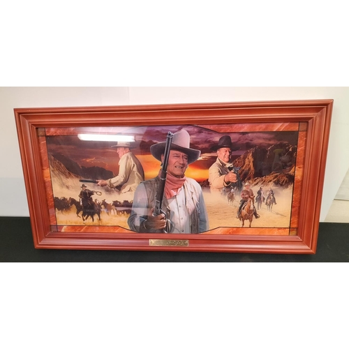 390 - John Wayne 'An American Legend' Bradford Exchange Limited Edition Glass Picture. 58cm x 29cm.