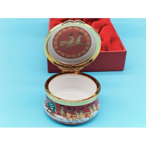 52 - Boxed Halcyon Days Christmas Enamels Box. 4cm Diameter.