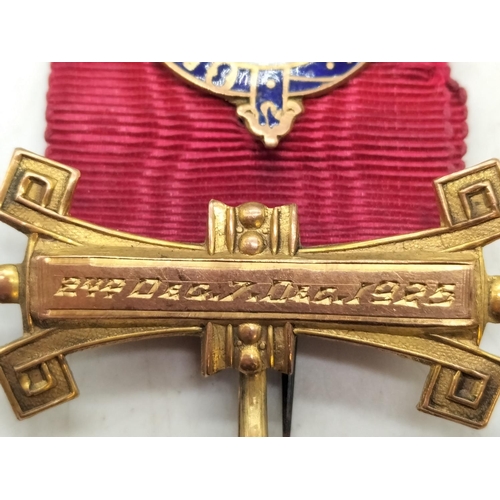 63 - 9ct Gold Masonic Ribbon Clasps on Ribbon with Medal. Unable to see if Medal is Gold.