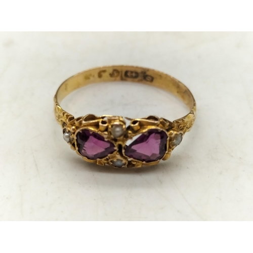 64 - 9ct Gold Ring with Amethyst and Pearl. Size R 1.6 Gram. A/F Crack to Gold on Under Side of Mount