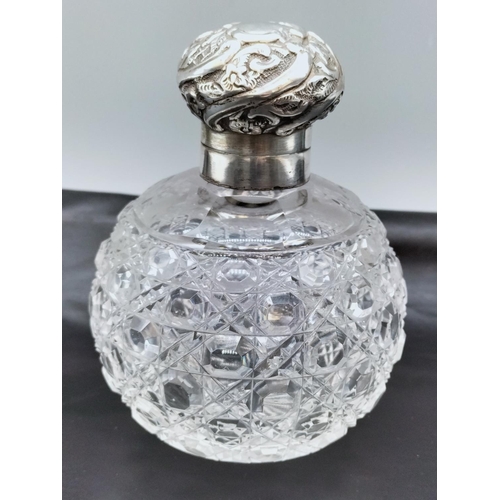 7 - Large Victorian Glass  Hobnail Cut Perfume Bottle with Silver Hallmarked Top and Original Stopper. D... 