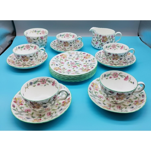 75 - Minton Trios (5) plus Sugar Bowl and Milk Jug in the 'Haddon Hall' Pattern.