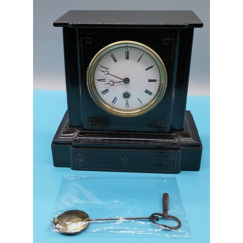 93 - Slate Mantle Clock with Key and Pendulum. W/O. 22cm High, 23cm x 13cm.