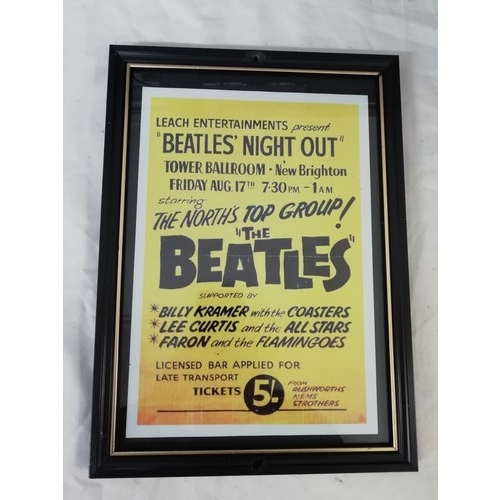 30 - Framed reproduction flyer for the Beatles Night Out concert at the Tower Ballroom New Brighton and a... 