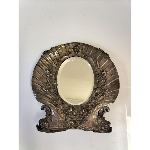 1 - Art Nouveau Style Bevel Edged Cast Metal Ornate Table Mirror. 23cm x 22cm.