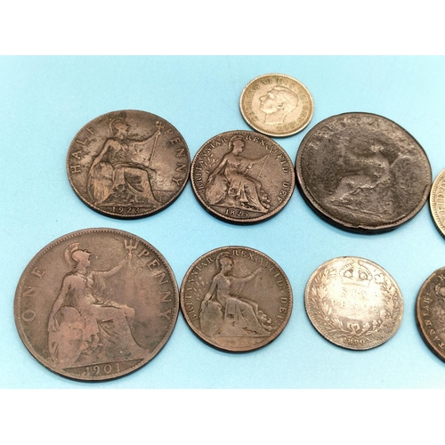 138 - Collection of Mixed Copper Coins to include George III / Victorian plus 3 Silver Coins.