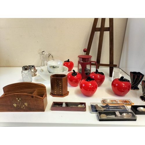 145 - Box of Mixed Items to include Glass Apples, Small Easel, Wooden Items with Brass Inlays, Souvenir Sp... 