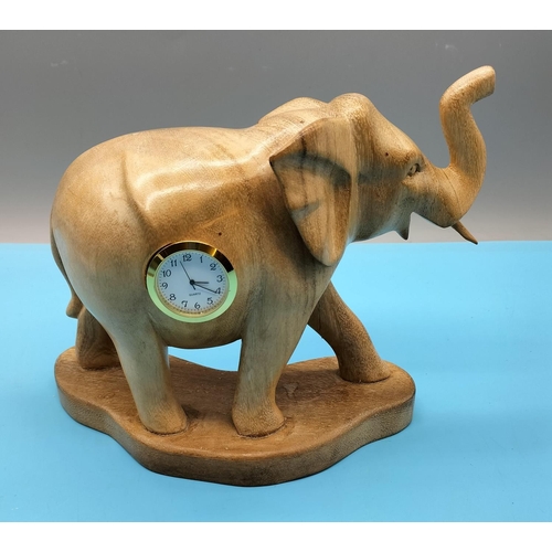 18 - Carved Wooden Elephant with Clock Inserts. 18cm High.