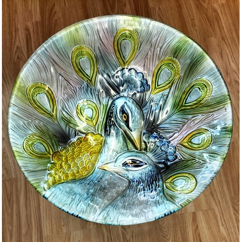 32 - Peacock Glass Top Bird Bath Table. 55cm High, 35cm Diameter. This Lot is Collection Only.