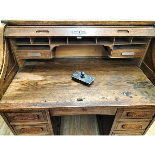 40 - Small Oak Knee Hole, Roll Top Desk. 112cm High, 107cm x 67cm. This Lot is Collection Only.