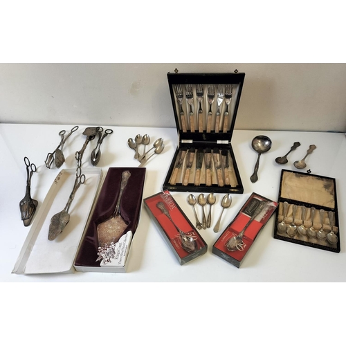 454 - Box of Silver Plate Cutlery, Servers, etc.