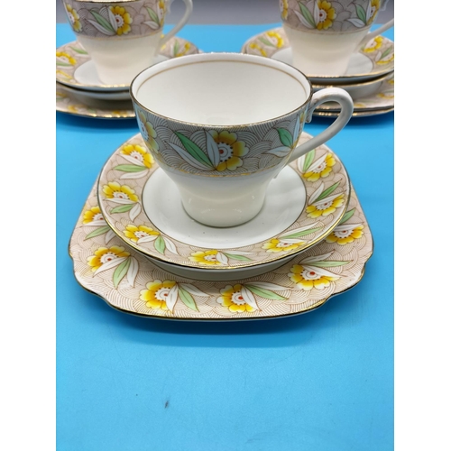 58 - Vintage Bell China Art Deco Hand Painted Trios (4) plus Extra Saucer.