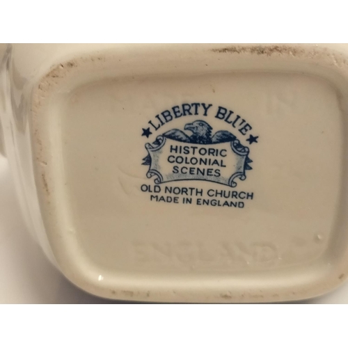 61 - Box of Liberty Blue 'Historic Colonial Scenes' Teapots, Water Jugs, Cream Jug, Lidded Sugar Bowl, et... 