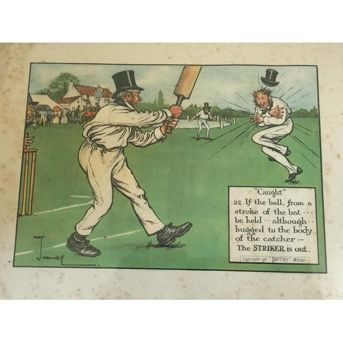 63 - Framed and Glazed 12 x Comical Cricket Sporting Scenes. Copyright of Perrier Water. Signed Crombie. ... 