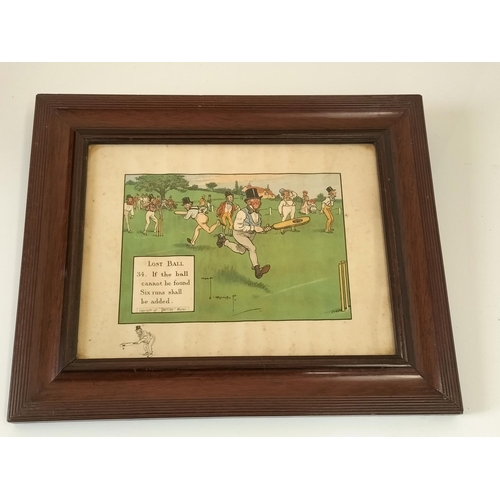 63 - Framed and Glazed 12 x Comical Cricket Sporting Scenes. Copyright of Perrier Water. Signed Crombie. ... 