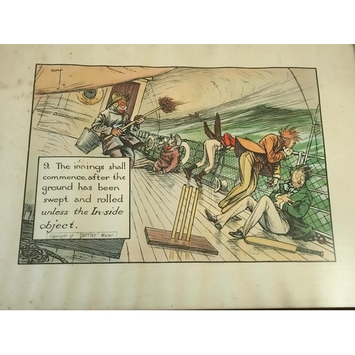 63 - Framed and Glazed 12 x Comical Cricket Sporting Scenes. Copyright of Perrier Water. Signed Crombie. ... 