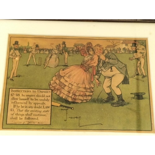 63 - Framed and Glazed 12 x Comical Cricket Sporting Scenes. Copyright of Perrier Water. Signed Crombie. ... 