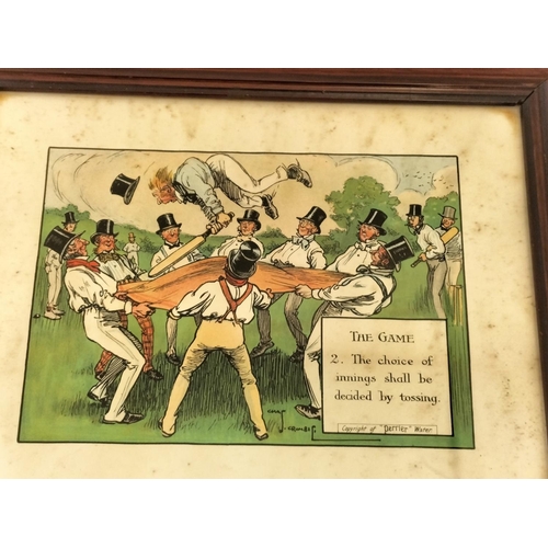 63 - Framed and Glazed 12 x Comical Cricket Sporting Scenes. Copyright of Perrier Water. Signed Crombie. ... 