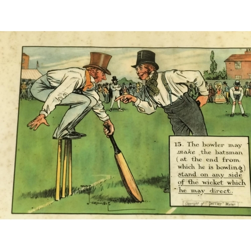 63 - Framed and Glazed 12 x Comical Cricket Sporting Scenes. Copyright of Perrier Water. Signed Crombie. ... 