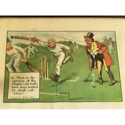 63 - Framed and Glazed 12 x Comical Cricket Sporting Scenes. Copyright of Perrier Water. Signed Crombie. ... 