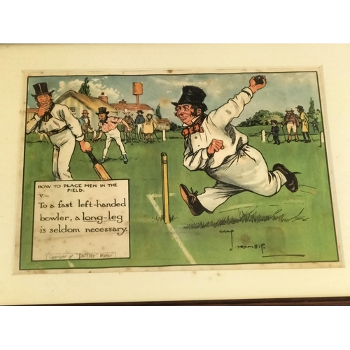 63 - Framed and Glazed 12 x Comical Cricket Sporting Scenes. Copyright of Perrier Water. Signed Crombie. ... 