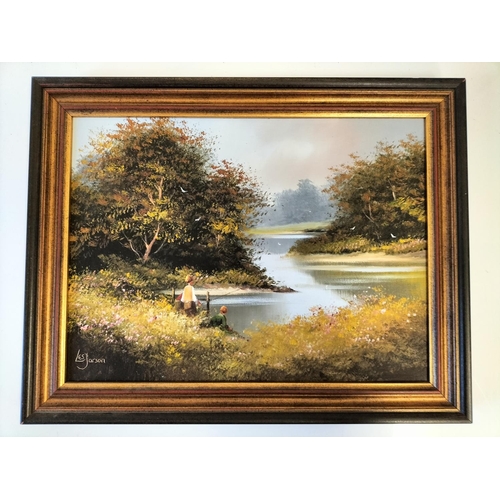 66 - Les Parson Oil on Canvas of Children Fishing plus a Colour Litho of a Countryside Scene. Largest bei... 