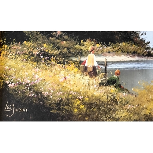 66 - Les Parson Oil on Canvas of Children Fishing plus a Colour Litho of a Countryside Scene. Largest bei... 