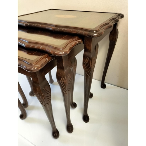 76 - Inlaid Glass Top Wooden Nest of Tables. 55cm High, 55cm x 42cm. This Lot is Collection Only.