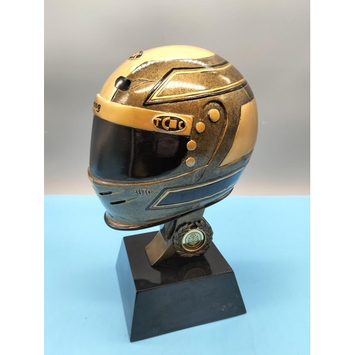 93 - Bronze Effect Motorcycle Helmet Bust. 30cm High x 15cm.