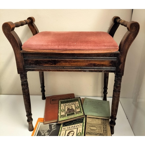 328 - Oak Piano Stool with Pink Fabric Covered Cushion Top. Containing Music Sheets. 60cm High, 57cm x 34c... 