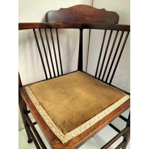 341 - Edwardian Spindle Back Corner Chair with Green Draylon Fabric Seat. 80cm High x 42cm x 42cm. Sear He... 