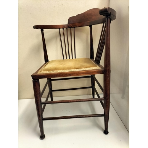 341 - Edwardian Spindle Back Corner Chair with Green Draylon Fabric Seat. 80cm High x 42cm x 42cm. Sear He... 